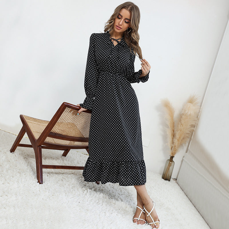 Fashion Women's Spring New Long-Sleeved Polka Dot Dress Long