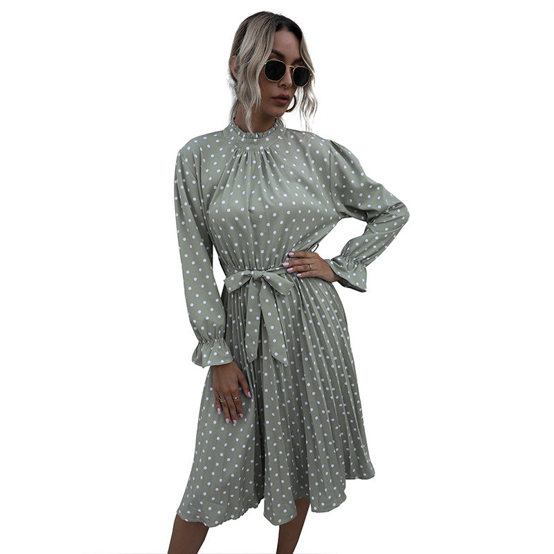 Hot Retro Women's Pleated High-Neck Polka-Dot Long-Sleeved Slim-Fit Dress