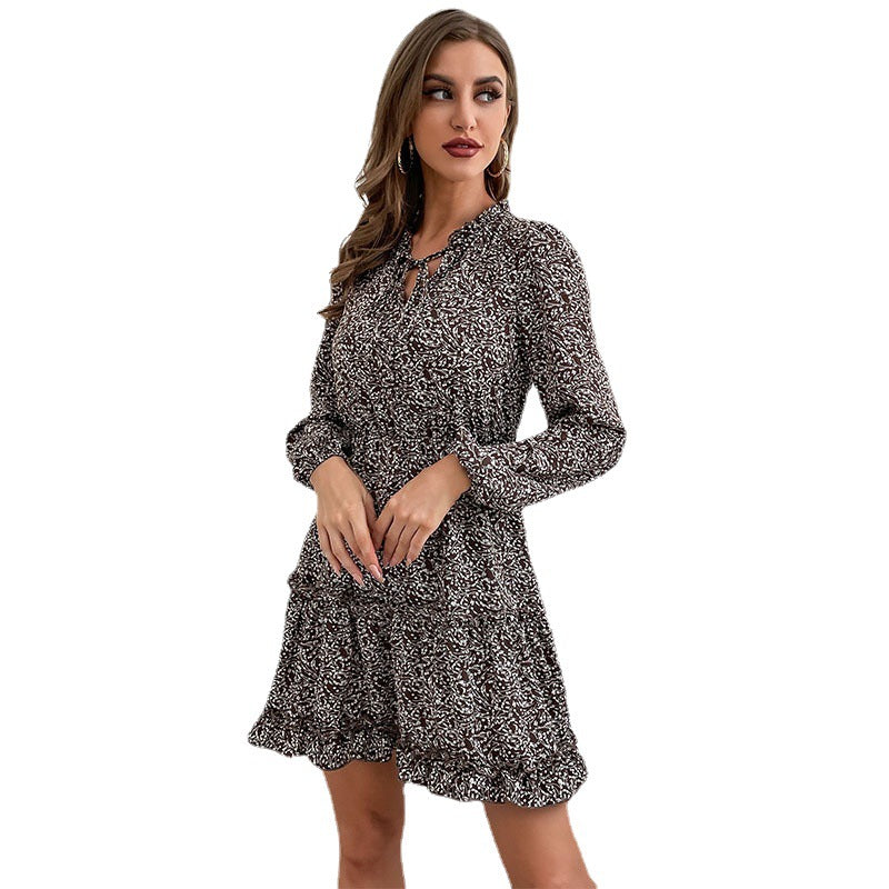 Fashion Women's Long-Sleeved Wooden Edge Printed Bottom Dress Female Autumn