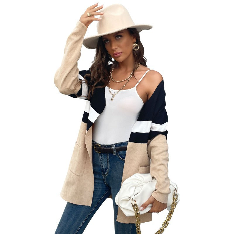 Autumn Winter Casual Women's Fashion Color Contrast Long-Sleeved Sweater Cardigan Coat