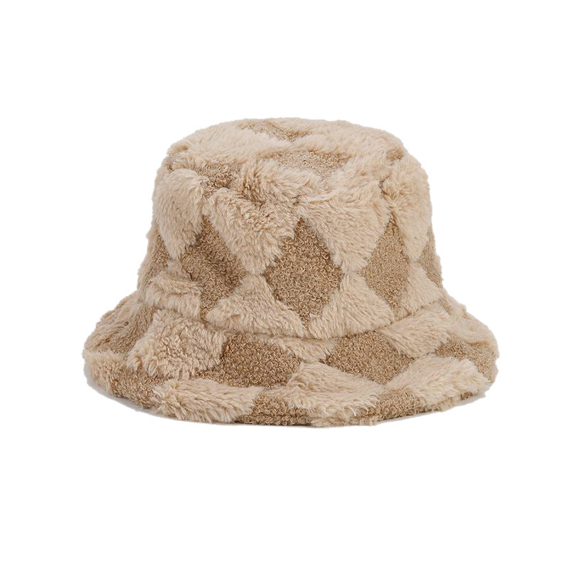 Diamond Check Fuzzy Fisherman Hat Ladies Simple Warm Sun Hat Tide