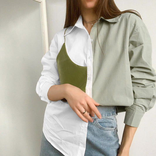 Spring Contrast Color Commuter Shirt Women's Design Sense Splicing Pu Leather Fake Two Long Sleeve Loose Shirt