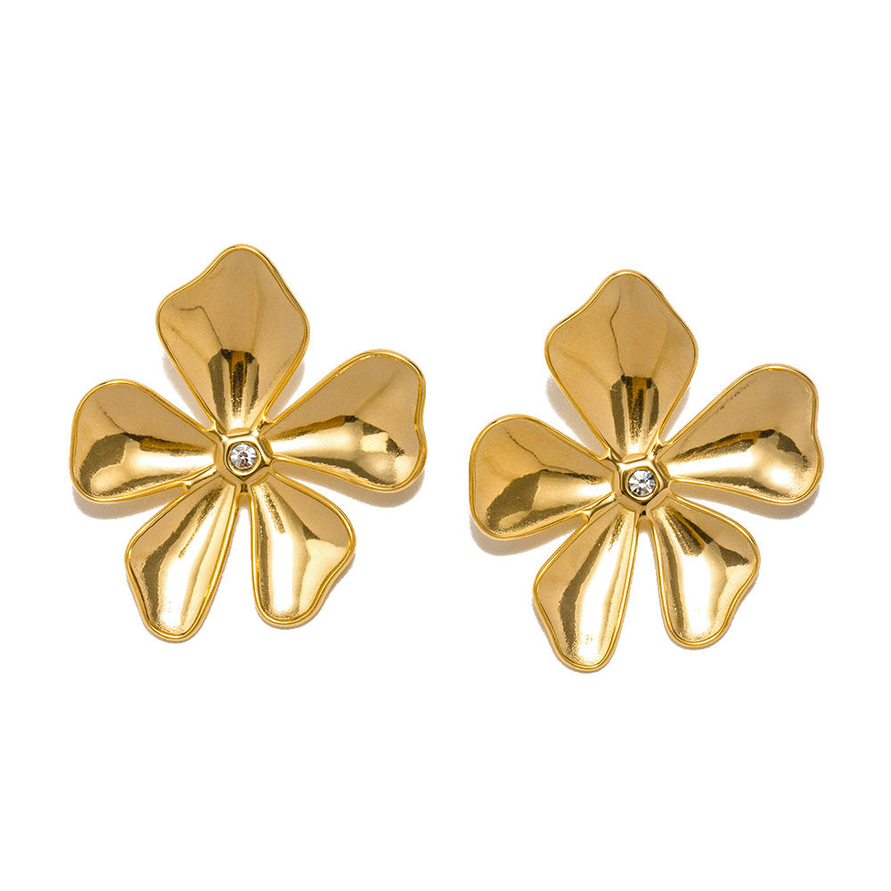 5pcs Palace Style Gold Lucky Five-Leaf Diamond Earrings Stainless Steel Studs Earrings