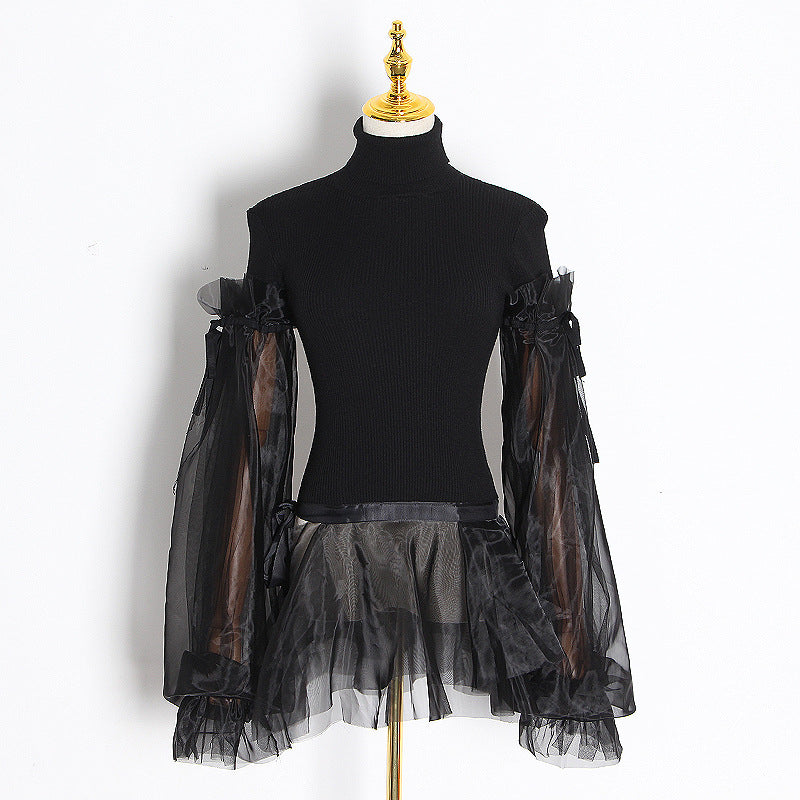 Spring Fashion High-Neck Stretch Slim Women's Thin Organza Ruffled Lantern Sleeve Knitted Top