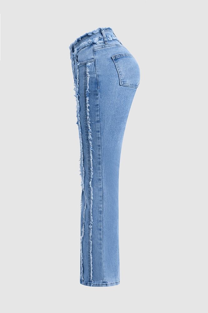 Frayed Detail Mid Waist Flare Jeans