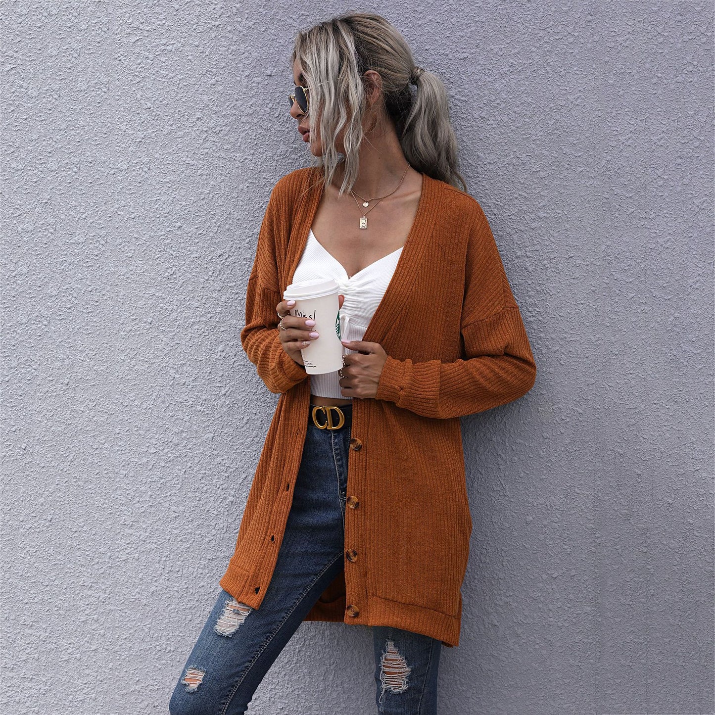 V-Neck Long-Sleeved Knitted Cardigan Sweater Coat for Women