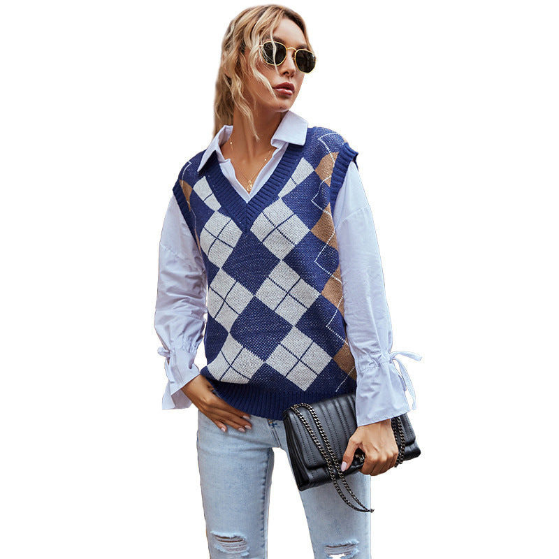 Hot Warm Diamond Check V-Neck Sweater Vest Women's Knitting Early Autumn