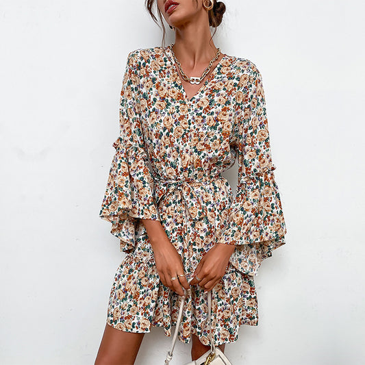 Fashion Women's New V-Neck Print Long-Sleeved Pre-Autumn Dress