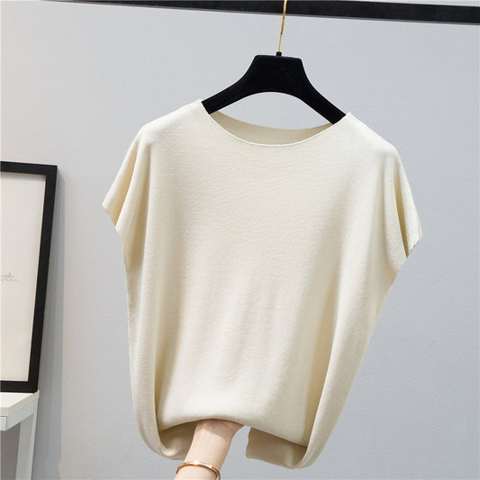 Summer Women's Solid Color Knitted T-Shirt Short Sleeve Ice Silk Color Contrast Design Thin