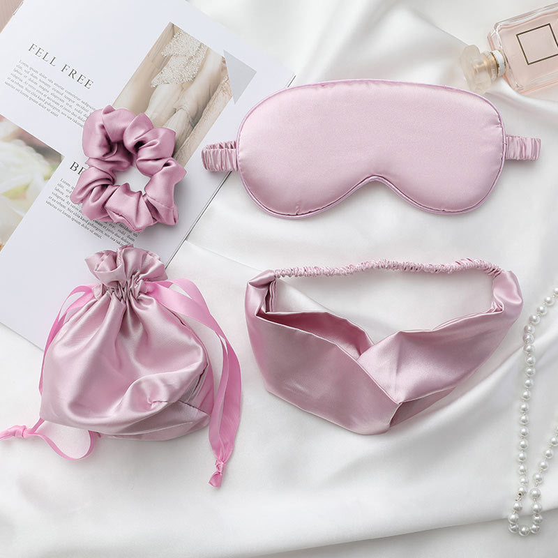 Silk Eye Mask 4-Piece Set With Large Bowel Scrunchie Headband Storage Bag Silk Eye Mask Sleeping Set