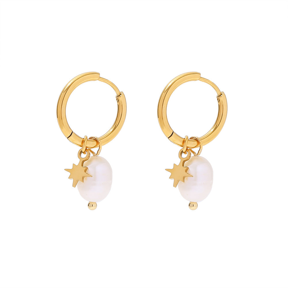 5pcs 18K Natural Light Pearl Star Pendant Earrings Women Fashion All-Match Stainless Steel Gold-Plated Hoop Earrings