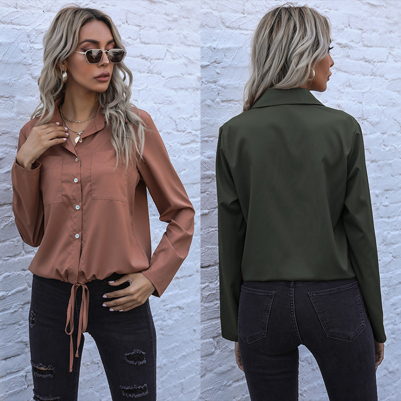 Design Shirt Lapel Drawstring Long Sleeve Solid Color Shirt