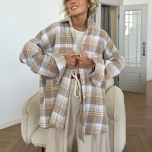 Fall Retro Fashion Woolen Plaid Blouse Oversize Maillard Long-Sleeved Lapel Blouse Coat For Women