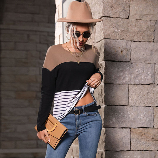 For Generation Of Casual Women's Long-Sleeved Patchwork Loose Striped Knitwear