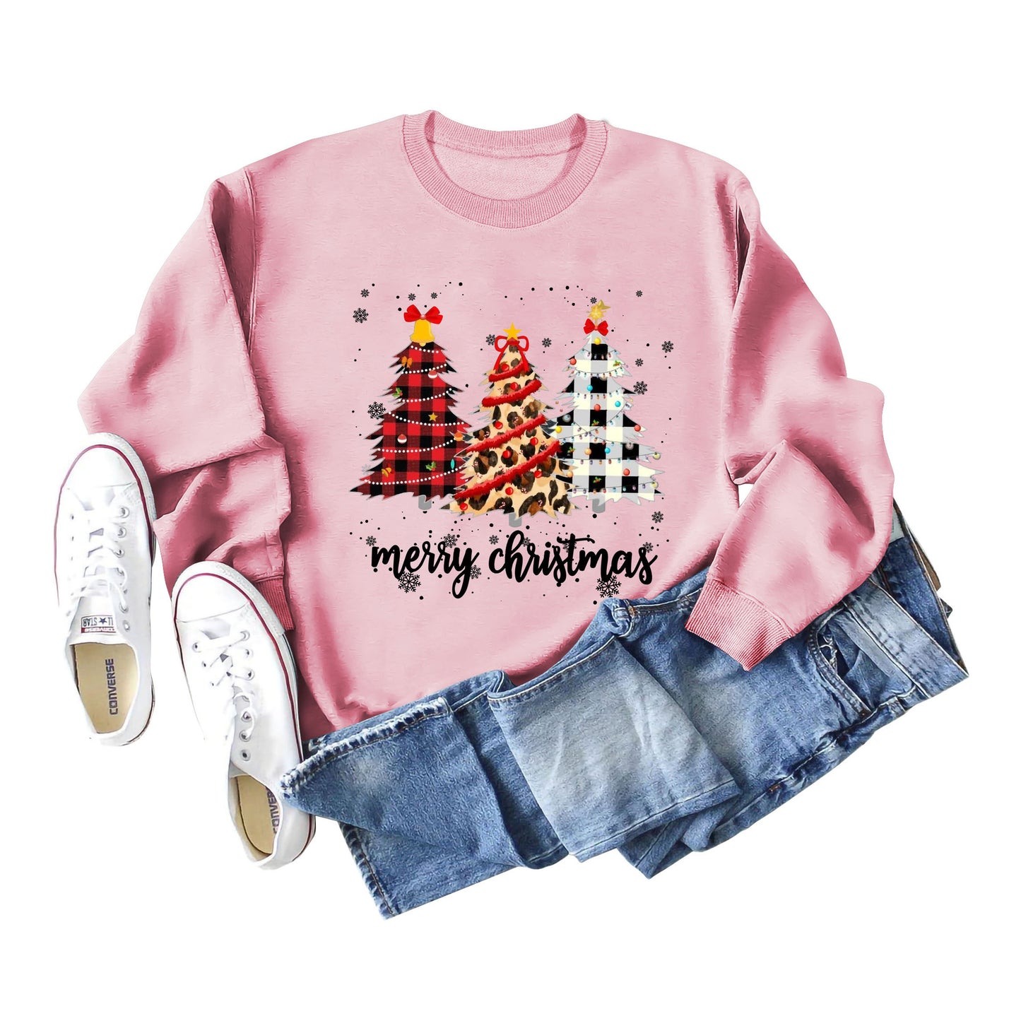 Merry Christmas Tree Round Neck Letter Christmas Long Sleeve Hoodie Woman