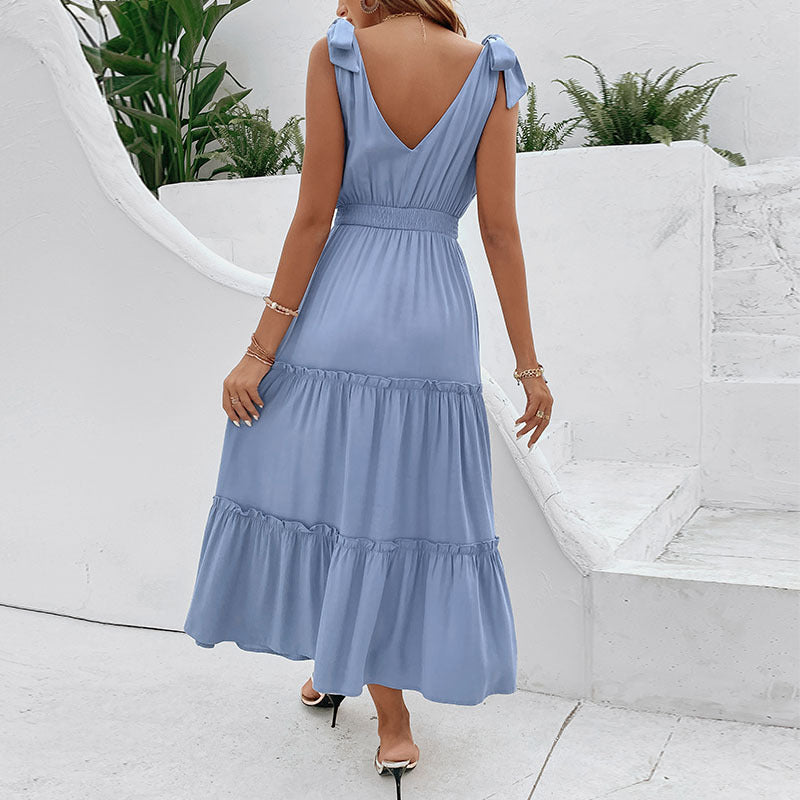 Summer New Women's Solid Color Halter High Waist Dress