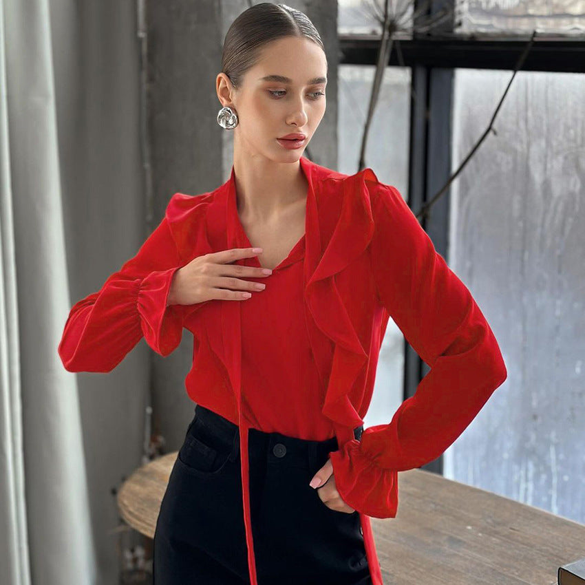 Spring Red Chiffon Elegant Loose Ruffled Lace-Up Women's Shirt New Commuter Top For Women