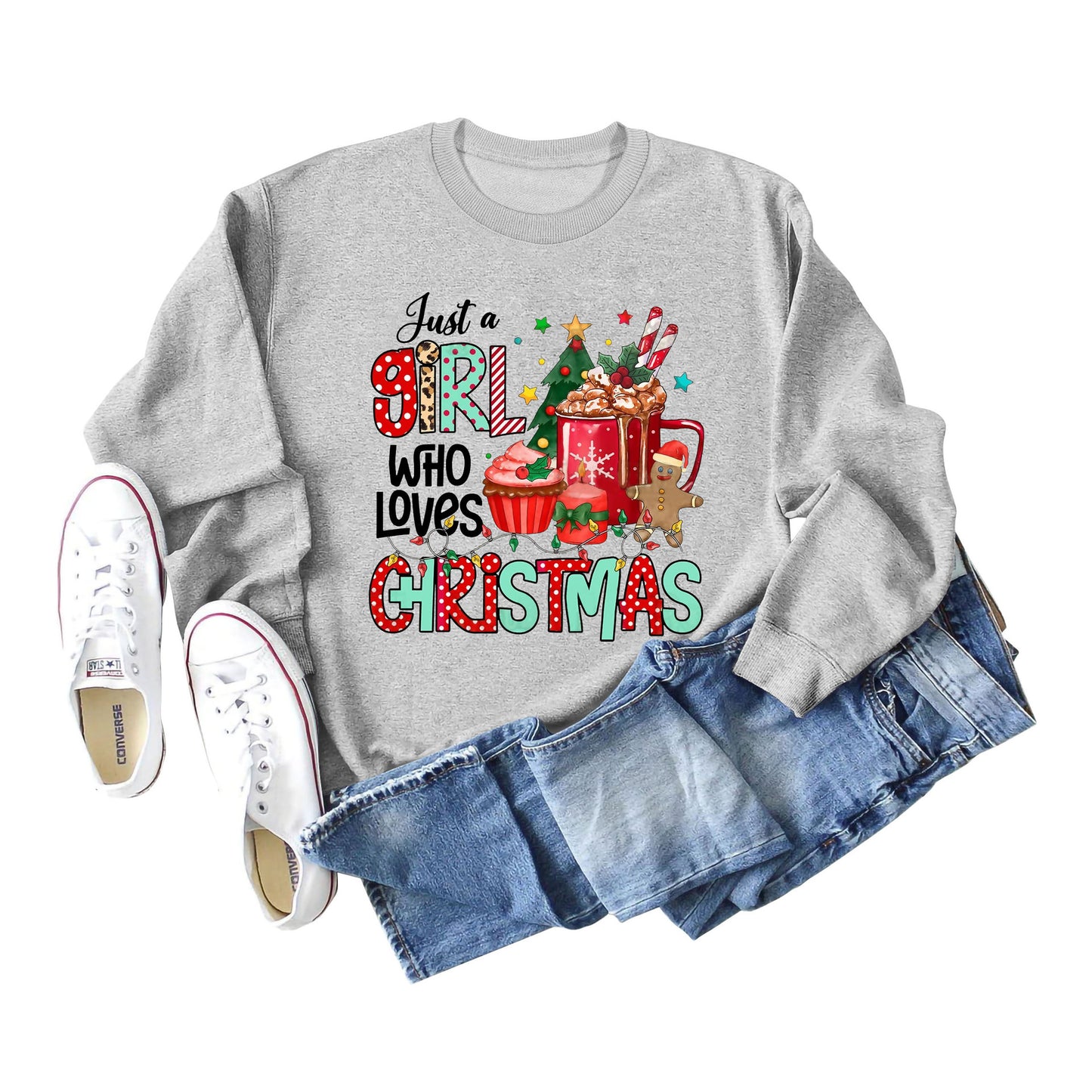 Just A Girl Who Letters Christmas Bottom Crewneck Long-Sleeved Hoodie