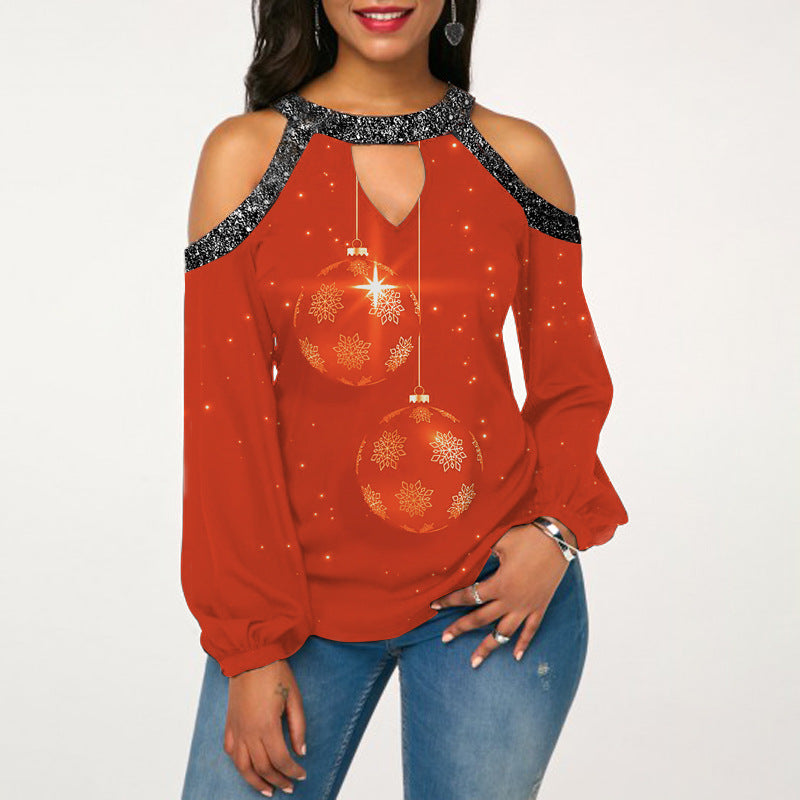 Christmas Print Flared Sleeve Off-Shoulder Round Neck Casual Long Sleeve T-Shirt For Women