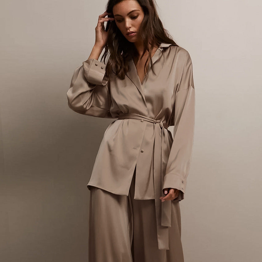 Spring And Summer Solid Color Women's Home Wear Satin Color Ding Shirt Trousers Casual Loose Pajamas Set