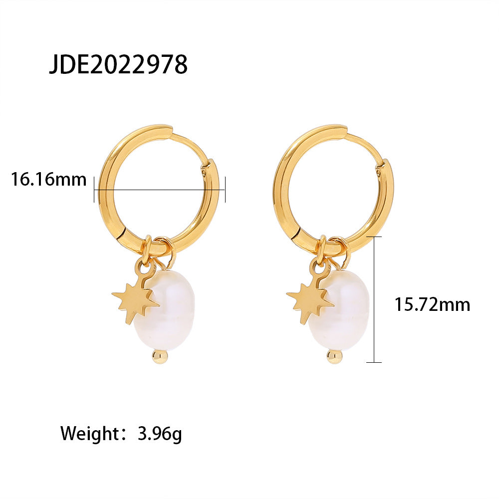 5pcs 18K Natural Light Pearl Star Pendant Earrings Women Fashion All-Match Stainless Steel Gold-Plated Hoop Earrings