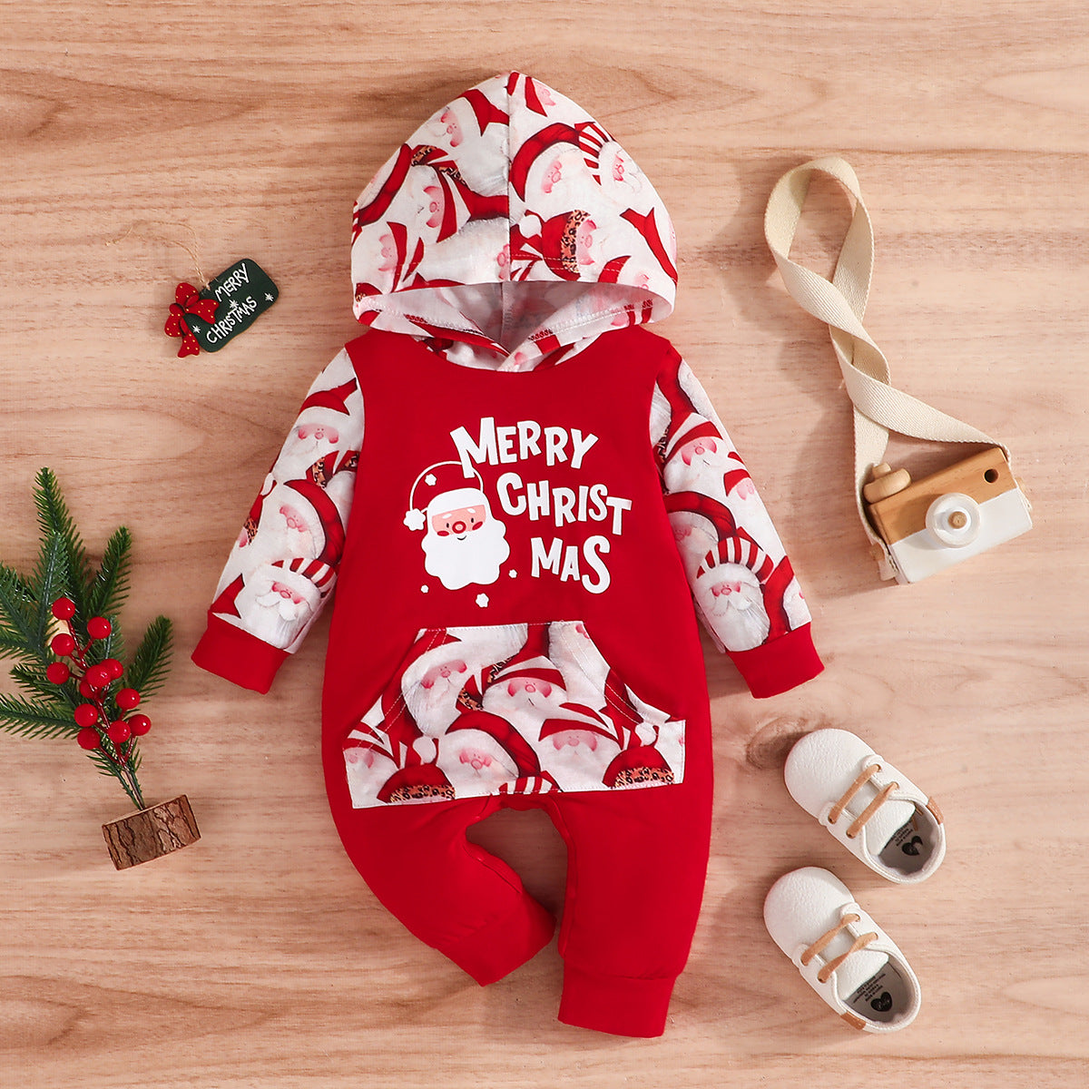 New Fashion Baby Hooded Long Legs Clothing Spring And Autumn Children Christmas Holiday Christmas Printing