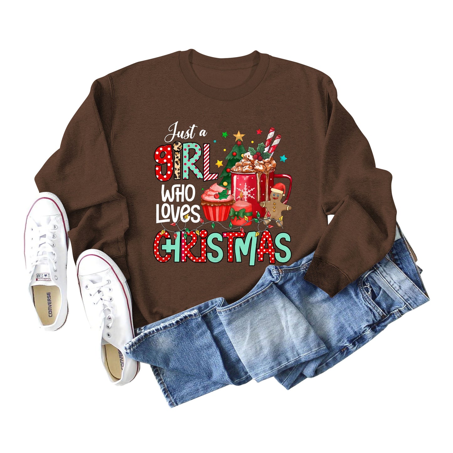 Just A Girl Who Letters Christmas Bottom Crewneck Long-Sleeved Hoodie