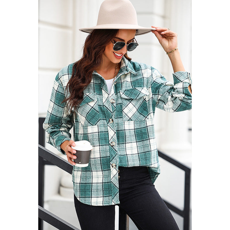 Autumn New Single-Row Multi-Button Long-Sleeved Blouse Women's Thin Casual Plaid Shirt