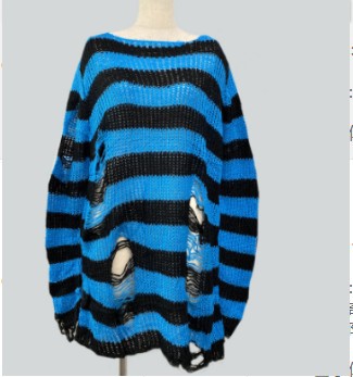 Knitwear Women's Mid-Length Punk Dark Holes Torn Sweater Couple Stripes Loose