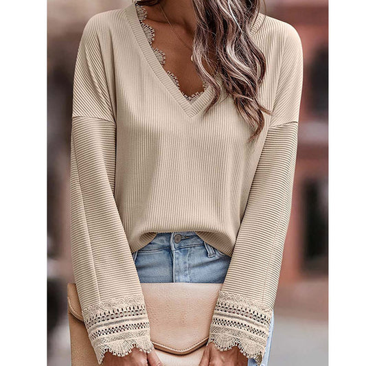 Thin Simple With A Solid Color Knitted Shirt Women Early Autumn New Lace Lace Edge V-Neck Long Sleeve Top Women