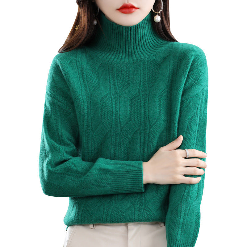 Autumn/Winter New 100 Woolen Sweater Women's Turtleneck 7 Needle-Hemp Jacquard Woolen Base Loose All-Match Sweater Top