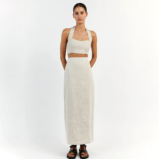 Summer New Cotton Hemp Halter Vest Long Dress Set Holiday Half Skirt Small Fashion Woman