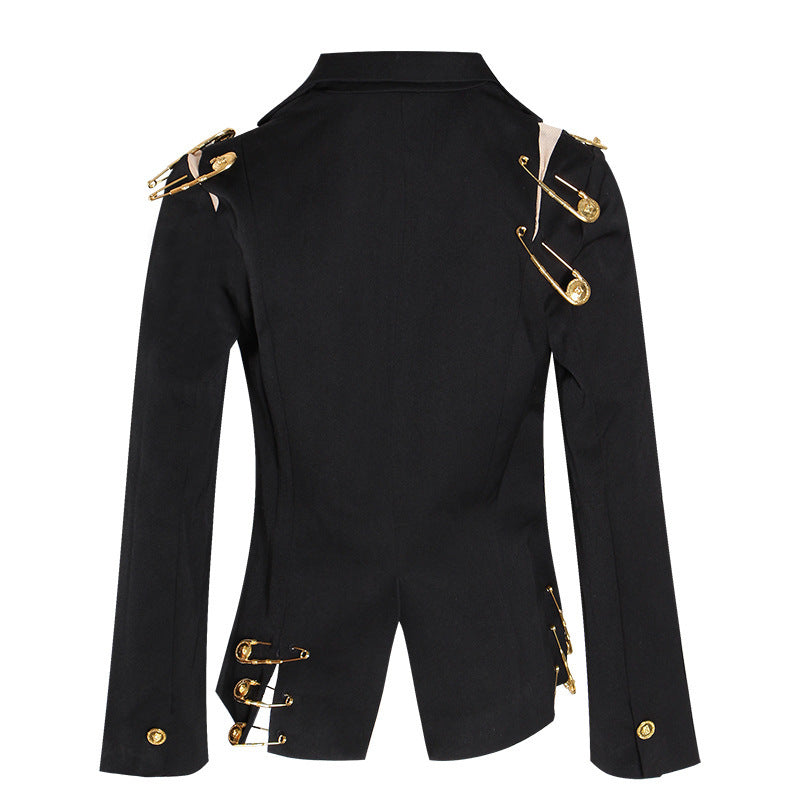 Spring Shoulder Mesh Stitching Pin Embellished Long Sleeve Slim Suit Jacket Women Fashion