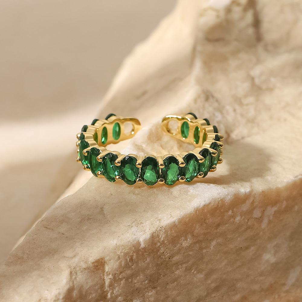 5pcs Jewelry 18K Gold Stainless Steel Inlaid Green Zircon Ring Ladies Fashion All-Match Ring