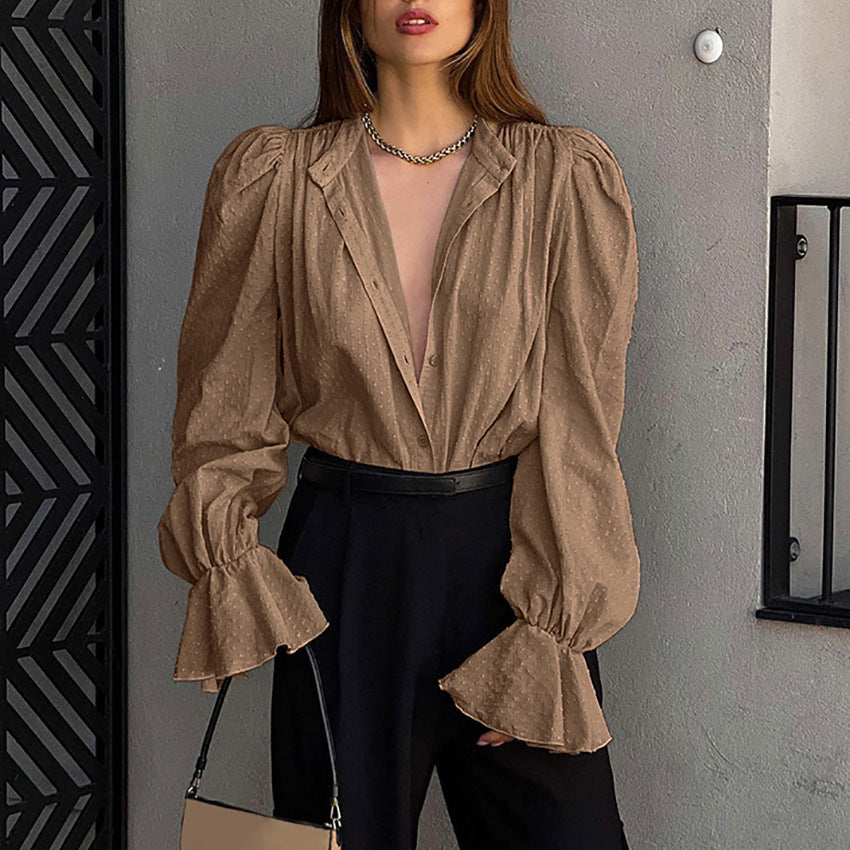 Autumn Temperament Fashion Jacquard Chiffon Shirt Female Niche Loose Ruffled Puffy Sleeve Shirt Top