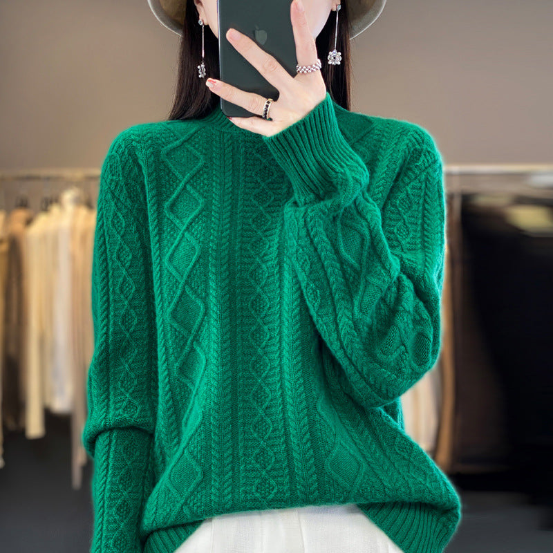 Autumn And Winter New 100% Woolen Sweater Women's Half Turtleneck Floral Thickened Sweater Set Cashmere Knitted Long-Sleeved Base Shirt