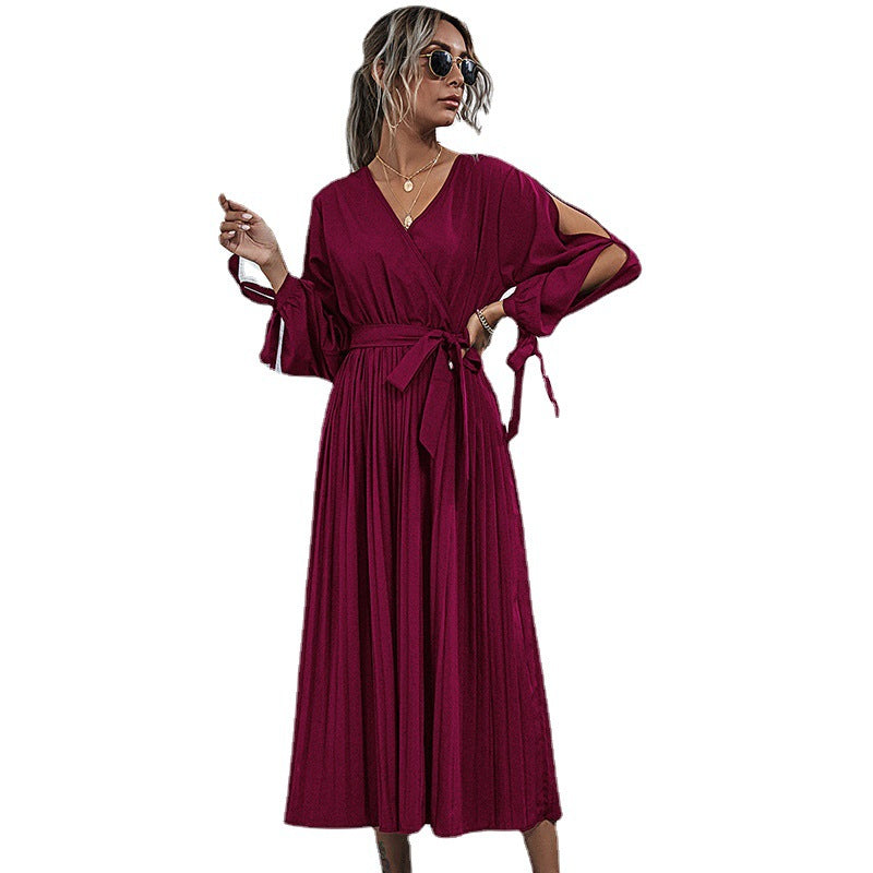 Autumn Long-Sleeved V-Neck Hollowed-Out With Pleated Dress Women