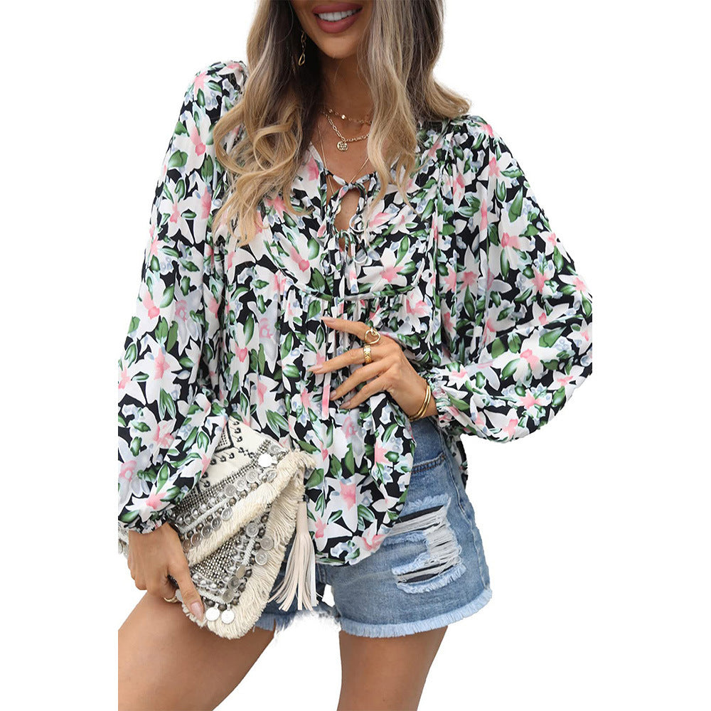 Spring And Autumn New Long-Sleeved Chiffon Shirt Women Loose Pullover Floral T-Shirt