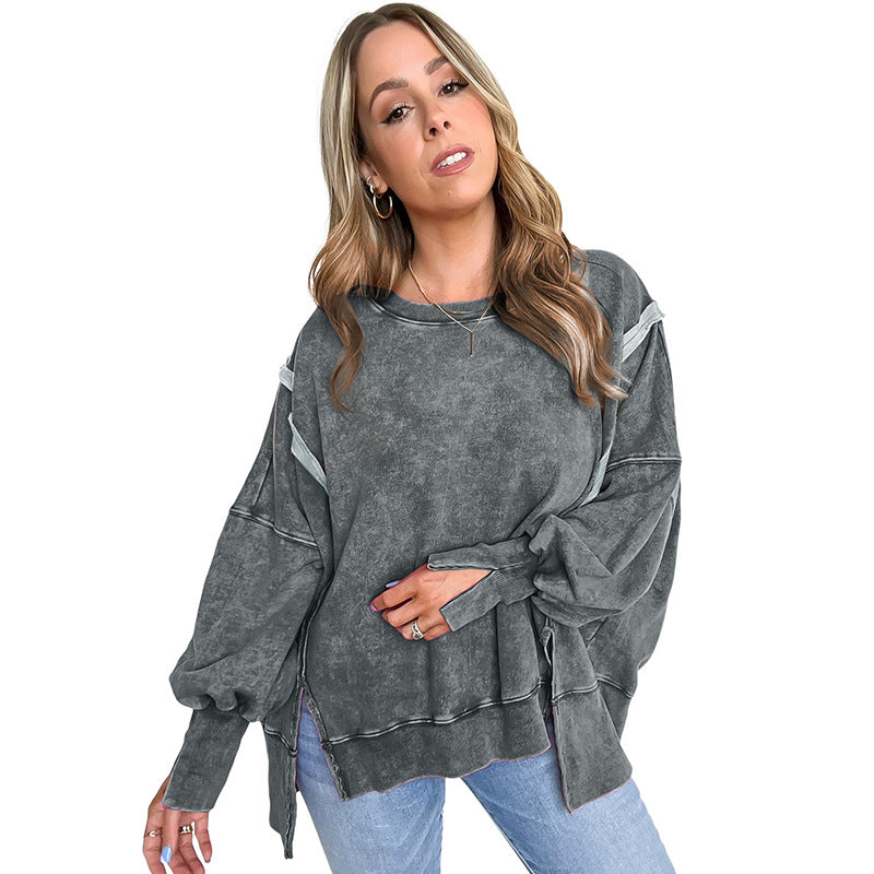 New Autumn Solid Color Loose Hoodie Women Casual Style With Acid Wash Open Fork Long Sleeve Blouse Woman