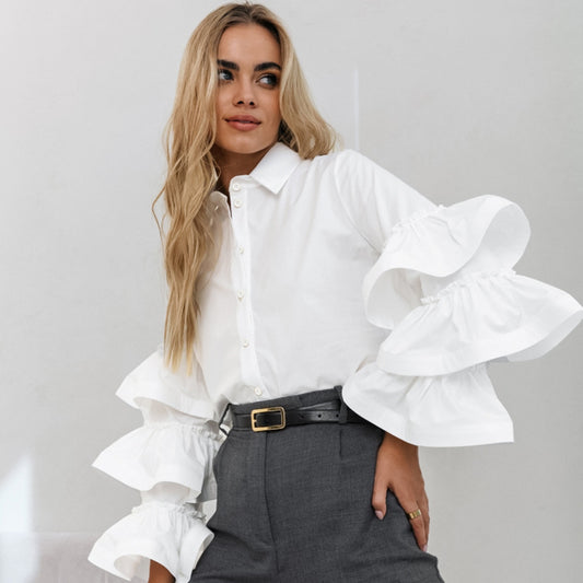 White Niche Design Sense Ruffled Long-Sleeved Temperament Women's Shirt New Autumn Fashion