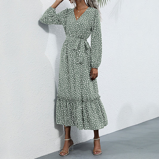 Women's Temperament Long Dress Split Green Floral Dress Autumn And Winter