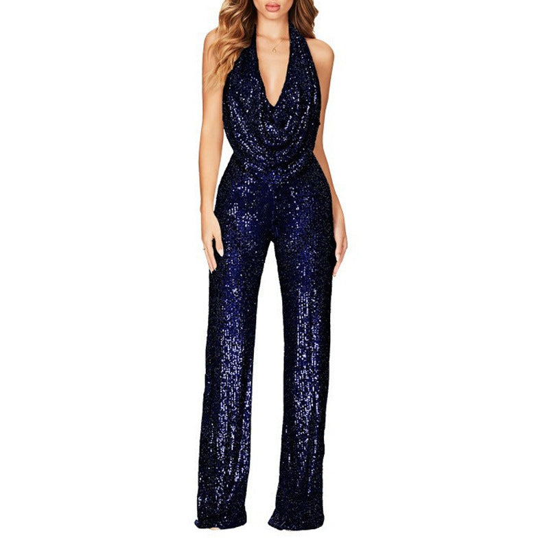 New Summer Jumpsuit Women Sleeveless Halter Sequin Jumpsuit Women