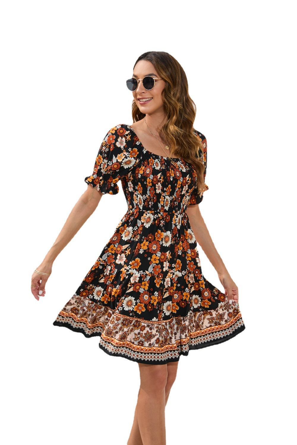 Spring And Summer Women's Waist Flower Print Waist Dress Bohemia Leisure Vacation Travel Dress