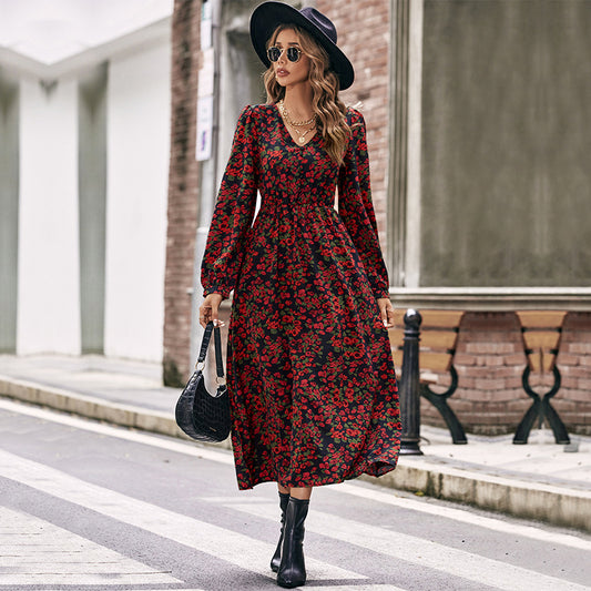 Fashion Autumn Women's Temperament New Luxury Long-Sleeved V-Neck Slim-Fit Printed Dress