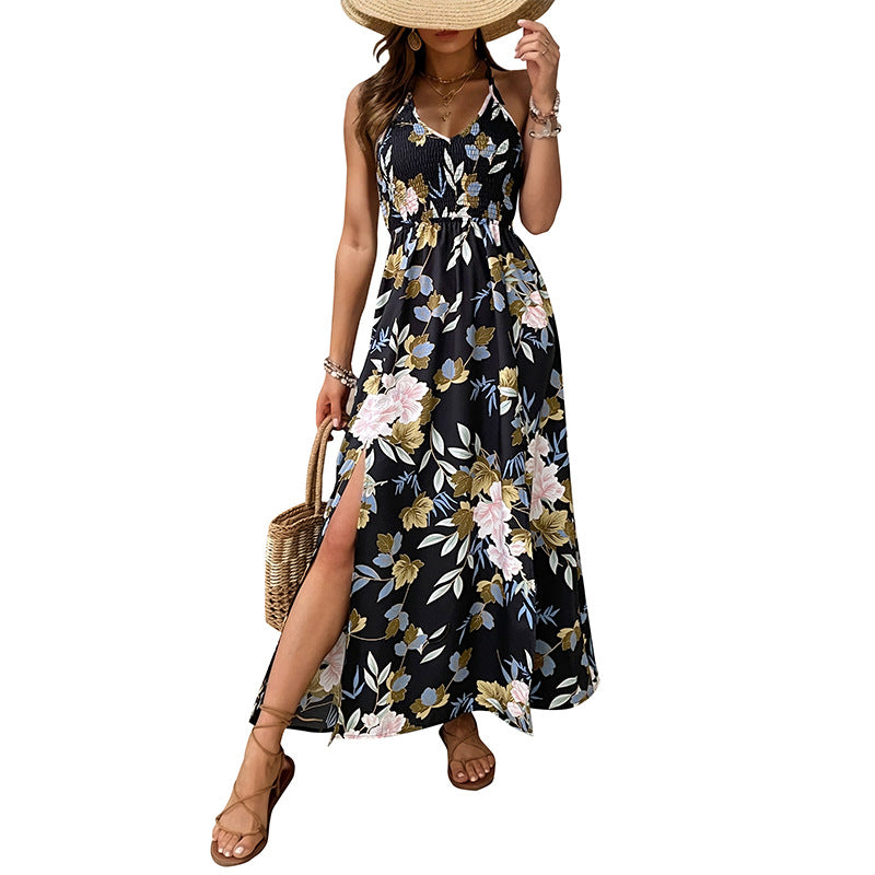 New Summer Print A-Line Long Skirt Backless Dress With Split Halter