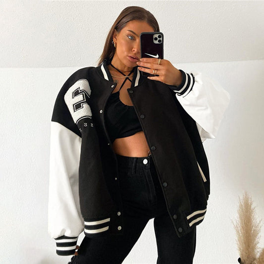 Splicing Color Contrast Loose Off Shoulder Baseball Jacket Female Women's Autumn Sports Casual Coat