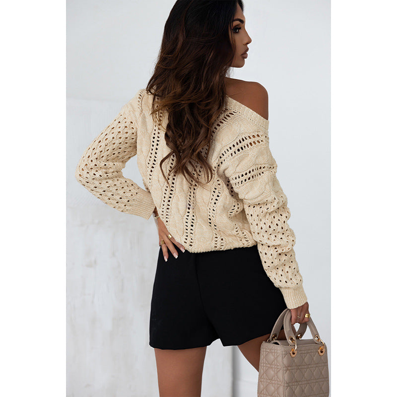 Winter New Personality Hollowed Out Pullover Sweater Women Casual Solid Color Round Neck Lazy Knit Women