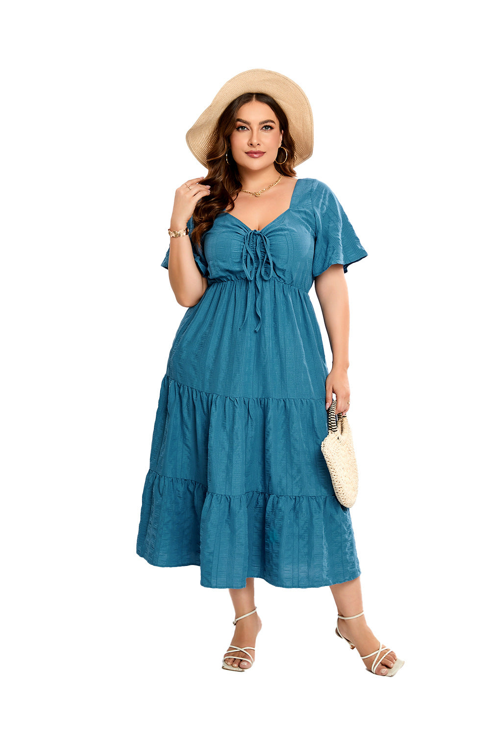 V-Neck High-Waist Dress Long Short-Sleeved Plus-Size Dress