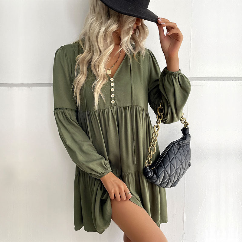 New Fashion Women's Long-Sleeved Green Autumn And Winter Dress