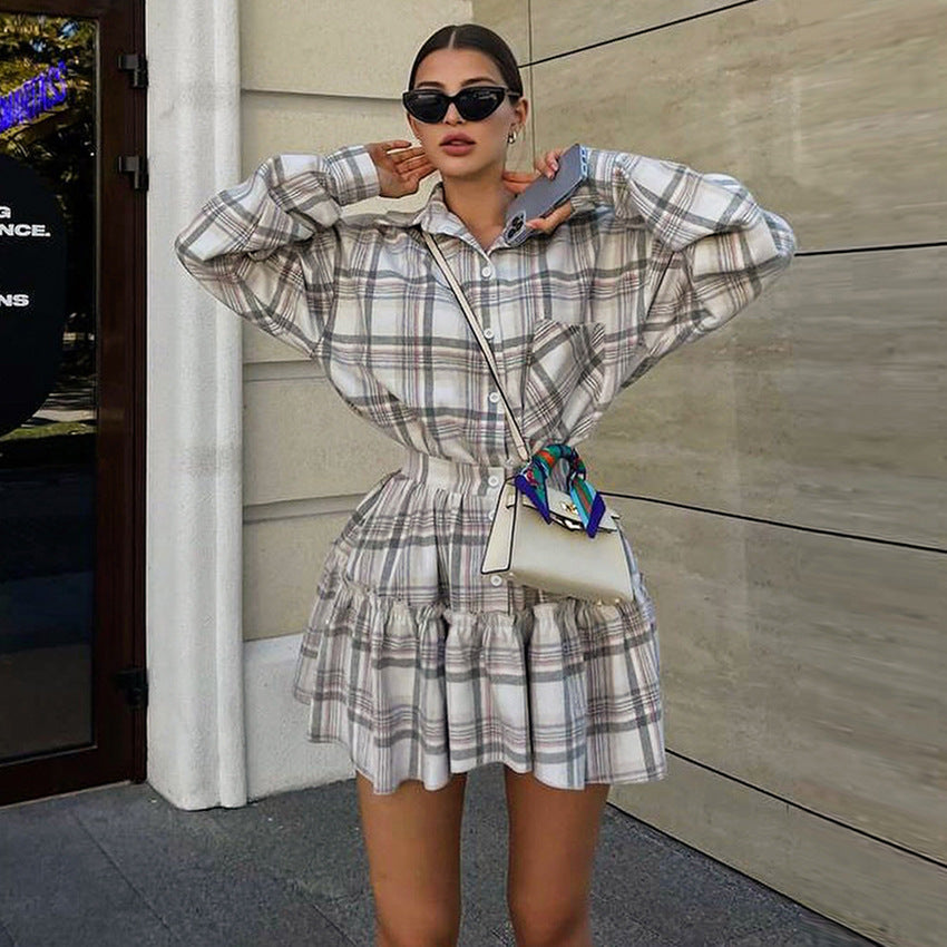 Checkered Lapel Waist Waist Long Sleeve High Waist Skirt Suit New Autumn Fashion Two-Piece Women